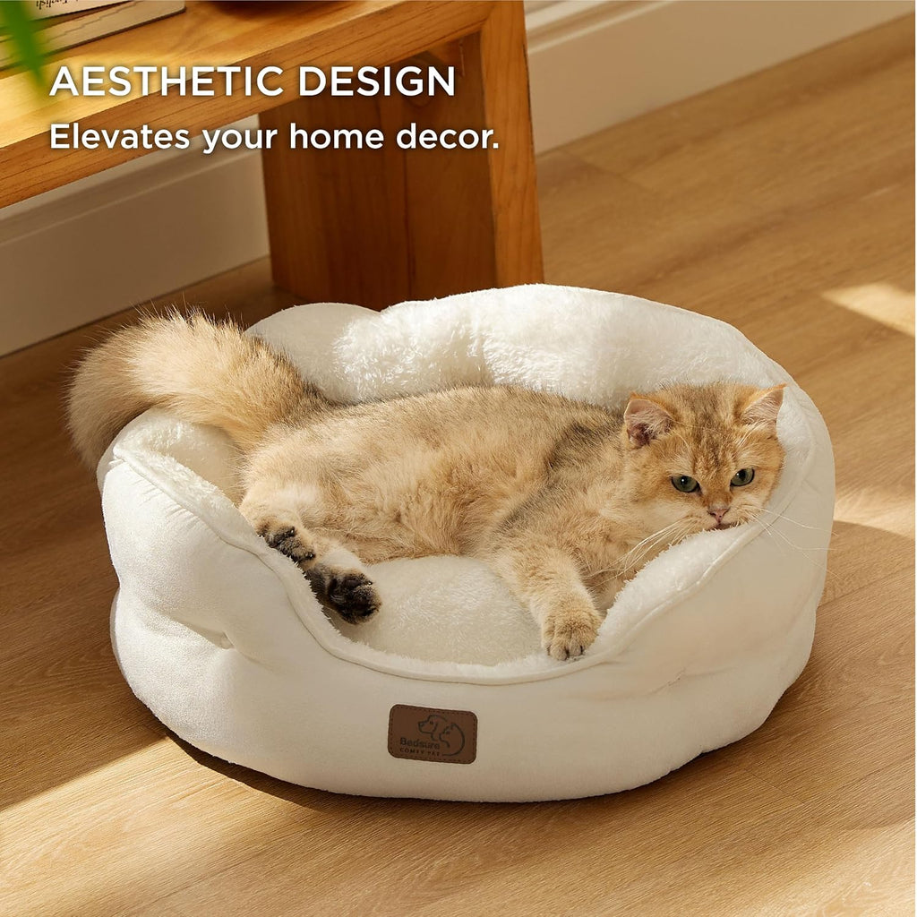 Bedsure Small Dog Bed Washable,Round Cat Beds for Indoor Cats,20in Ivory