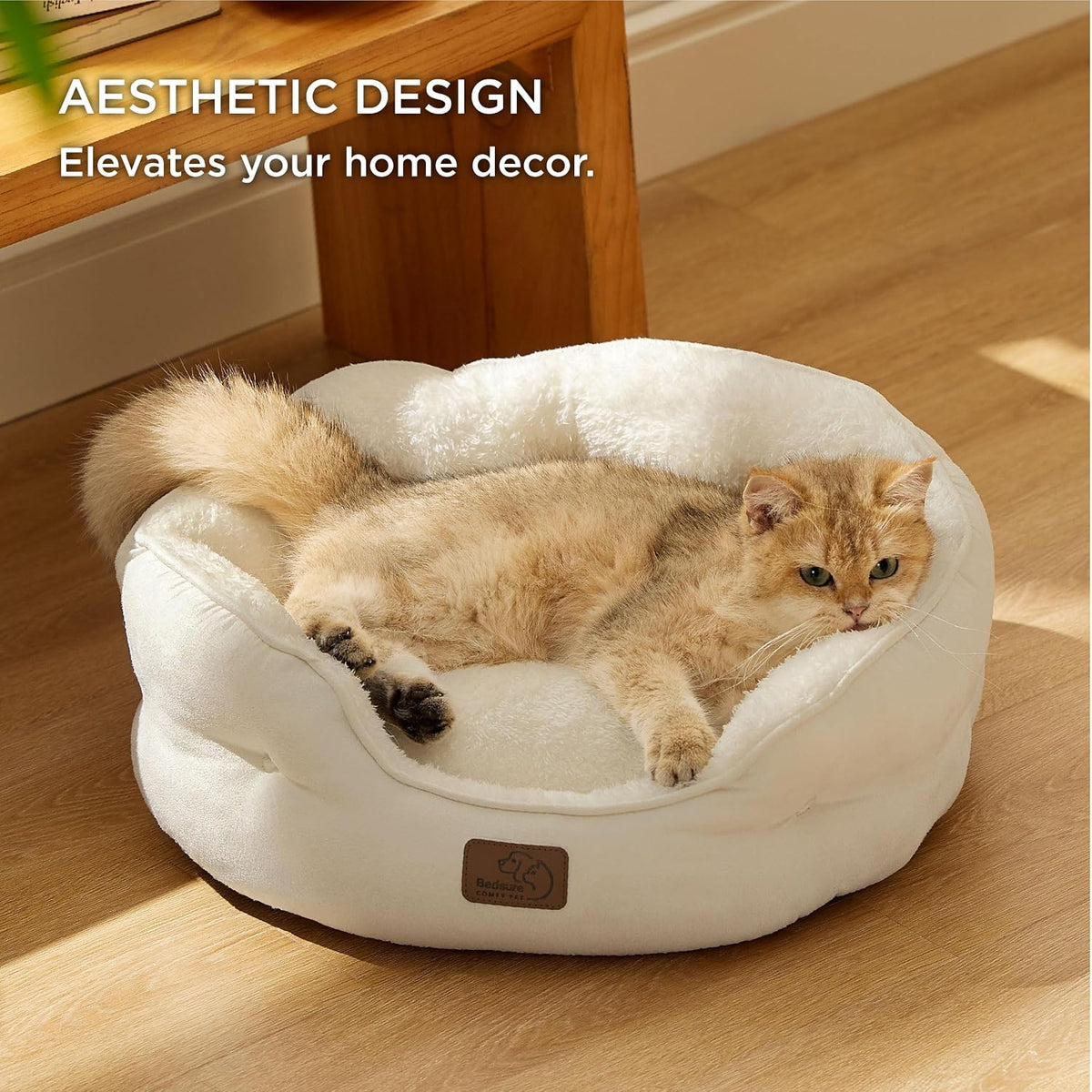 Bedsure Small Dog Bed Washable,Round Cat Beds for Indoor Cats,20in Ivory
