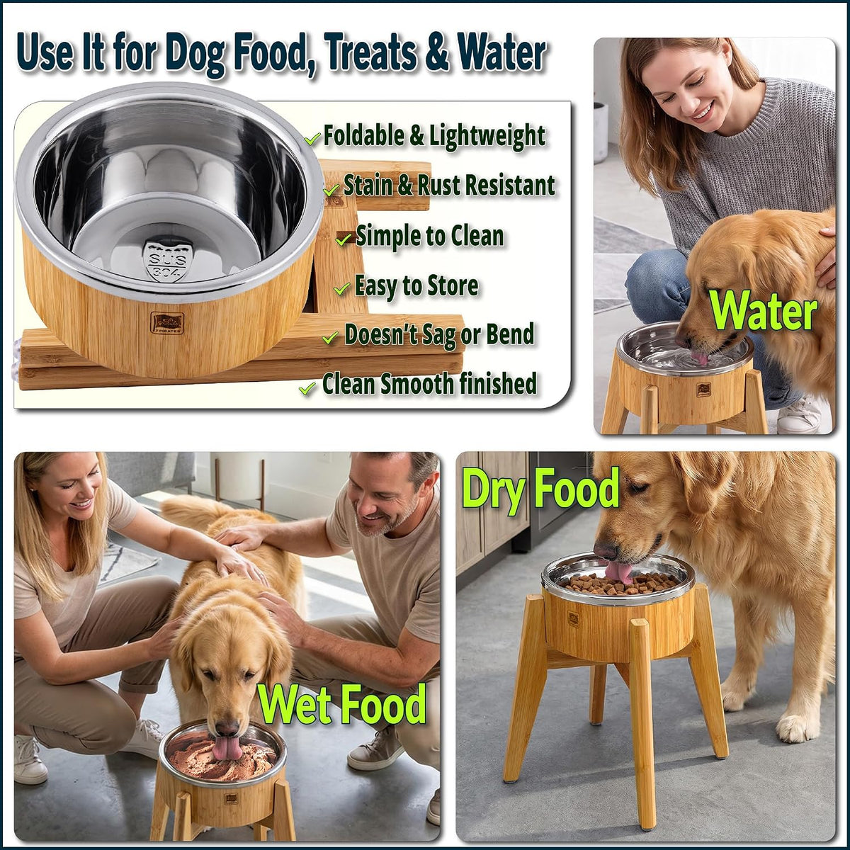 Dog Bowls Elevated for Large Dogs - 15-Inch Bamboo Stand - 74oz