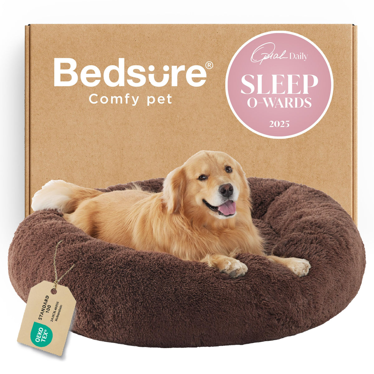Bedsure Calming Cat Beds Donut Round Washable Kitten Bed,20 inches Camel