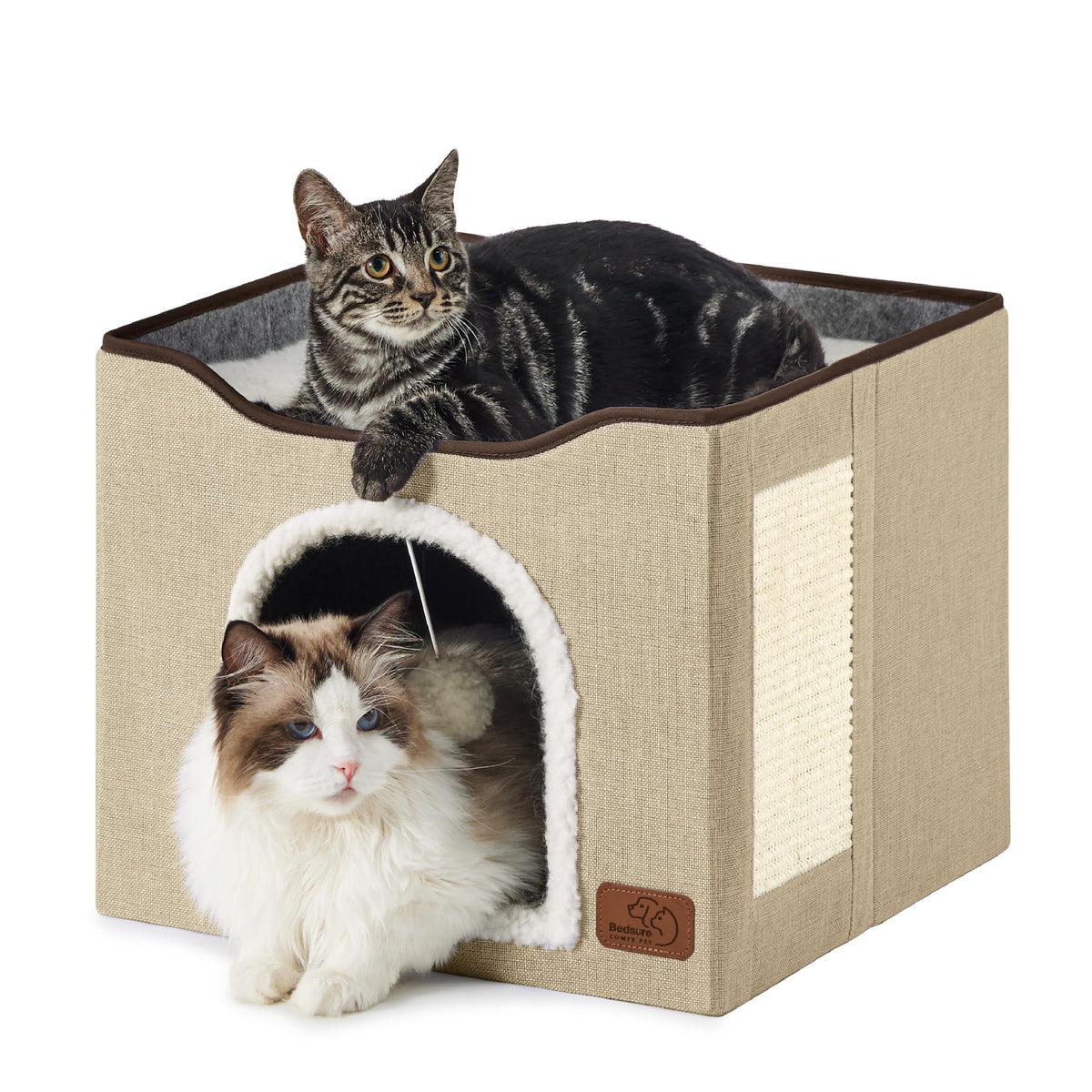 Bedsure Cat House Bed for Indoor Cats with Fluffy Ball and Scratch Pad,Grey