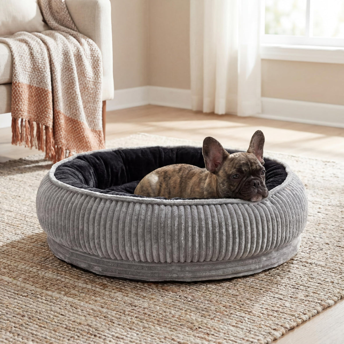 Calming Dog Bed for Small Dogs, Velvet Corduroy Washable Donut Pet Bed