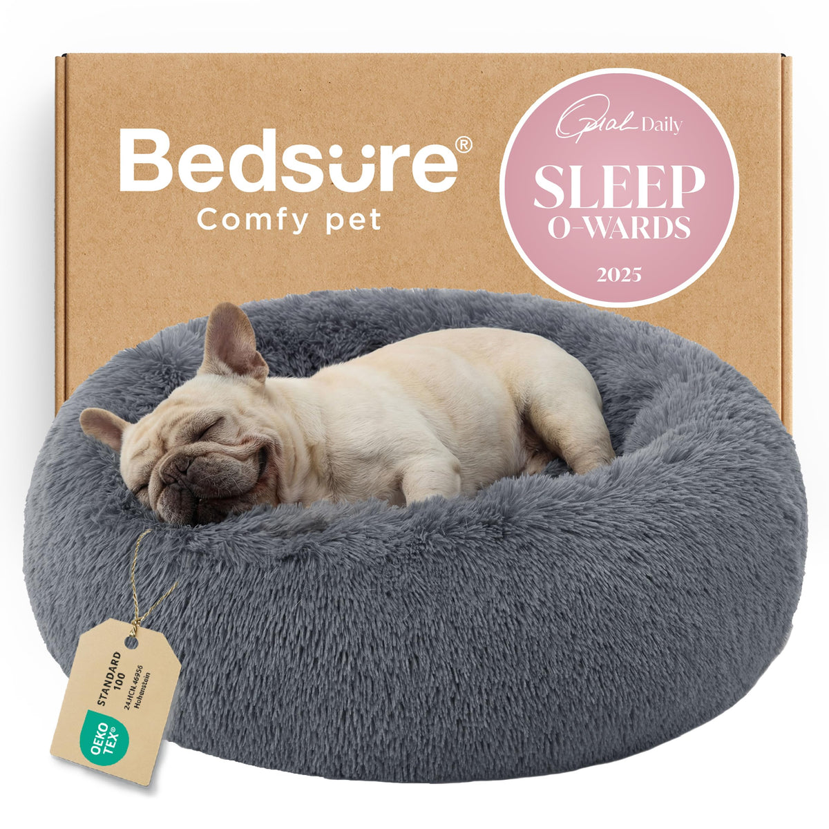 Bedsure Calming Cat Beds Donut Round Washable Kitten Bed,20 inches Camel