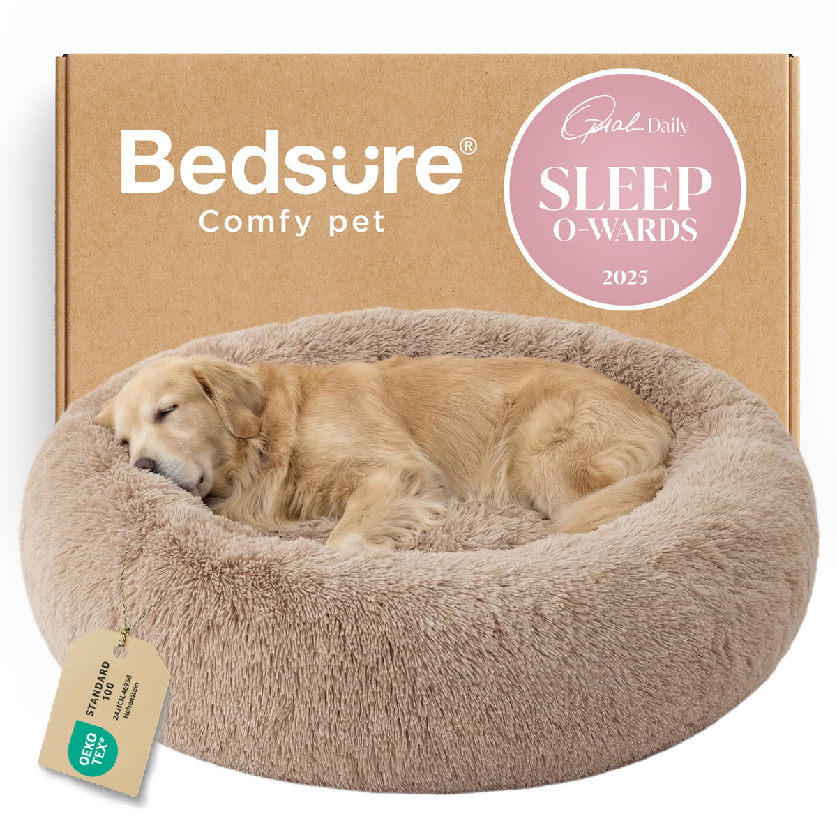 Bedsure Calming Dog Bed Medium Size Dog Donut Washable Pet Bed,30ins Camel