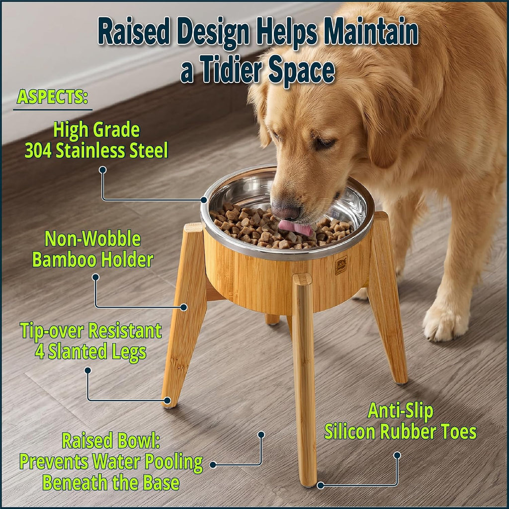 Dog Bowls Elevated for Large Dogs - 15-Inch Bamboo Stand - 74oz