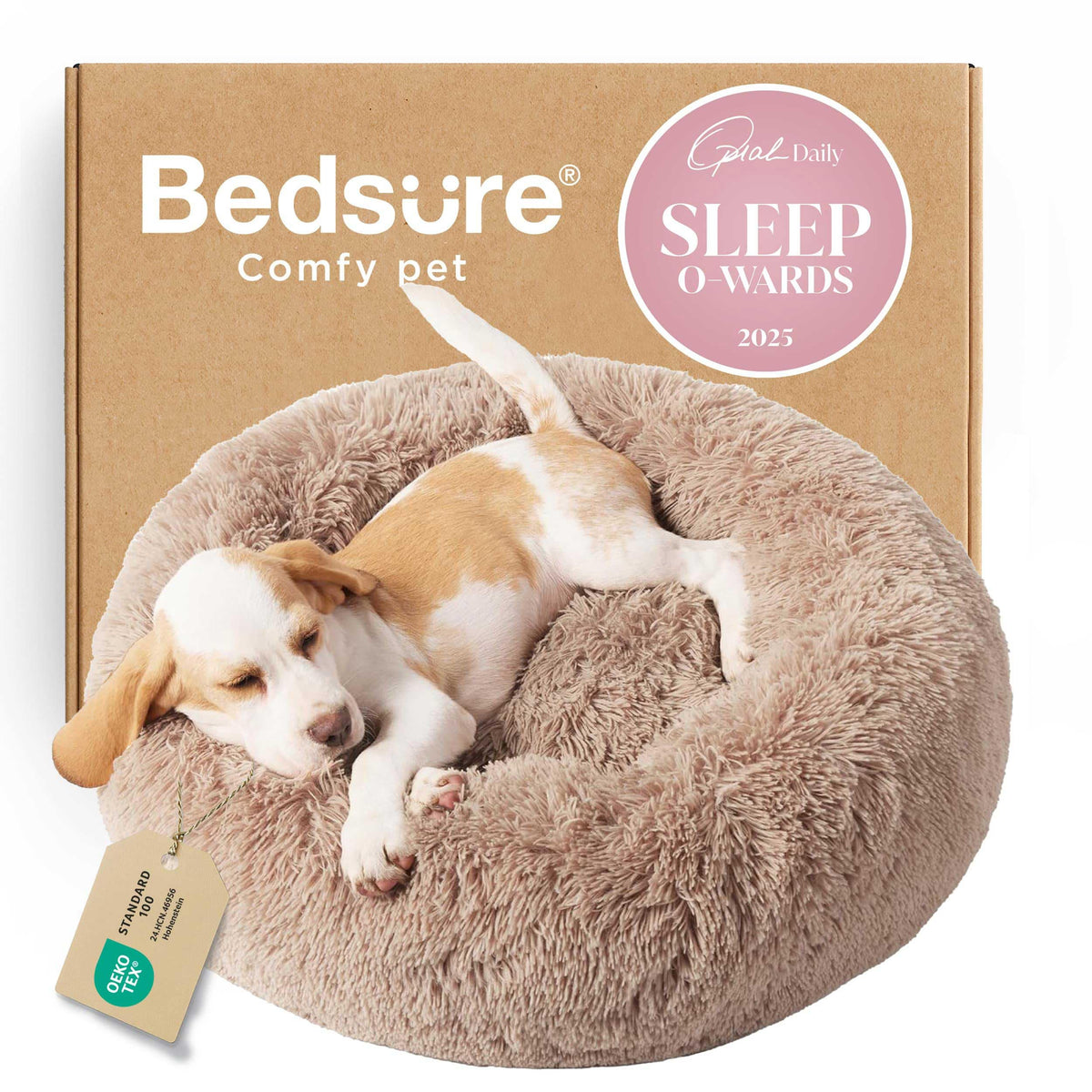 Bedsure Calming Dog Bed Medium Size Dog Donut Washable Pet Bed,30ins Camel