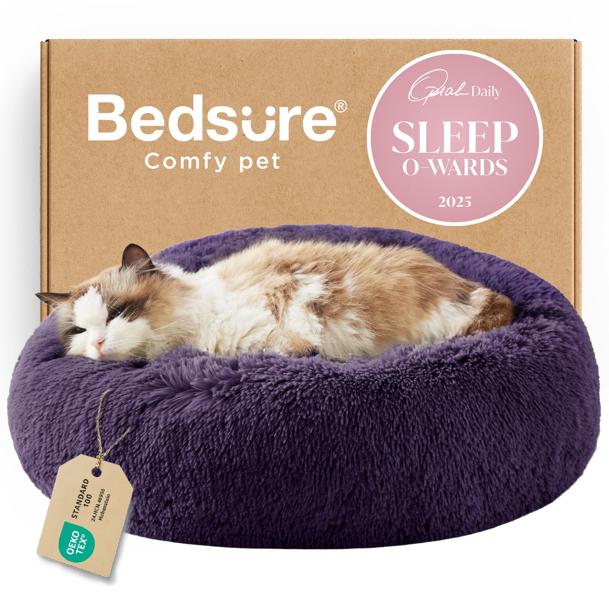 Bedsure Calming Cat Beds Donut Round Washable Kitten Bed,20 inches Camel