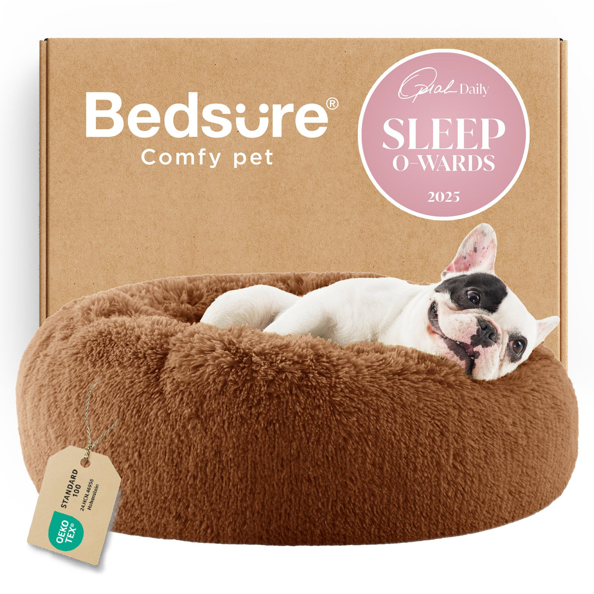 Bedsure Calming Dog Bed Medium Size Dog Donut Washable Pet Bed,30ins Camel