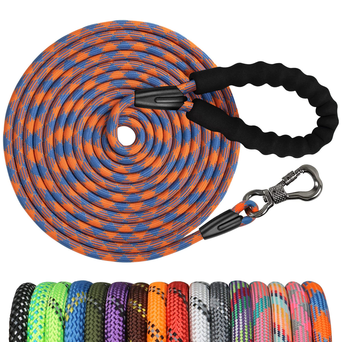 NTR Heavy Duty Dog Leash, 15FT Training Leash with Swivel Lockable Hook, Padded Handle and Highly Reflective Threads, Long Lead for Walking, Hunting, Camping, Backyard for Small Medium Large Dog