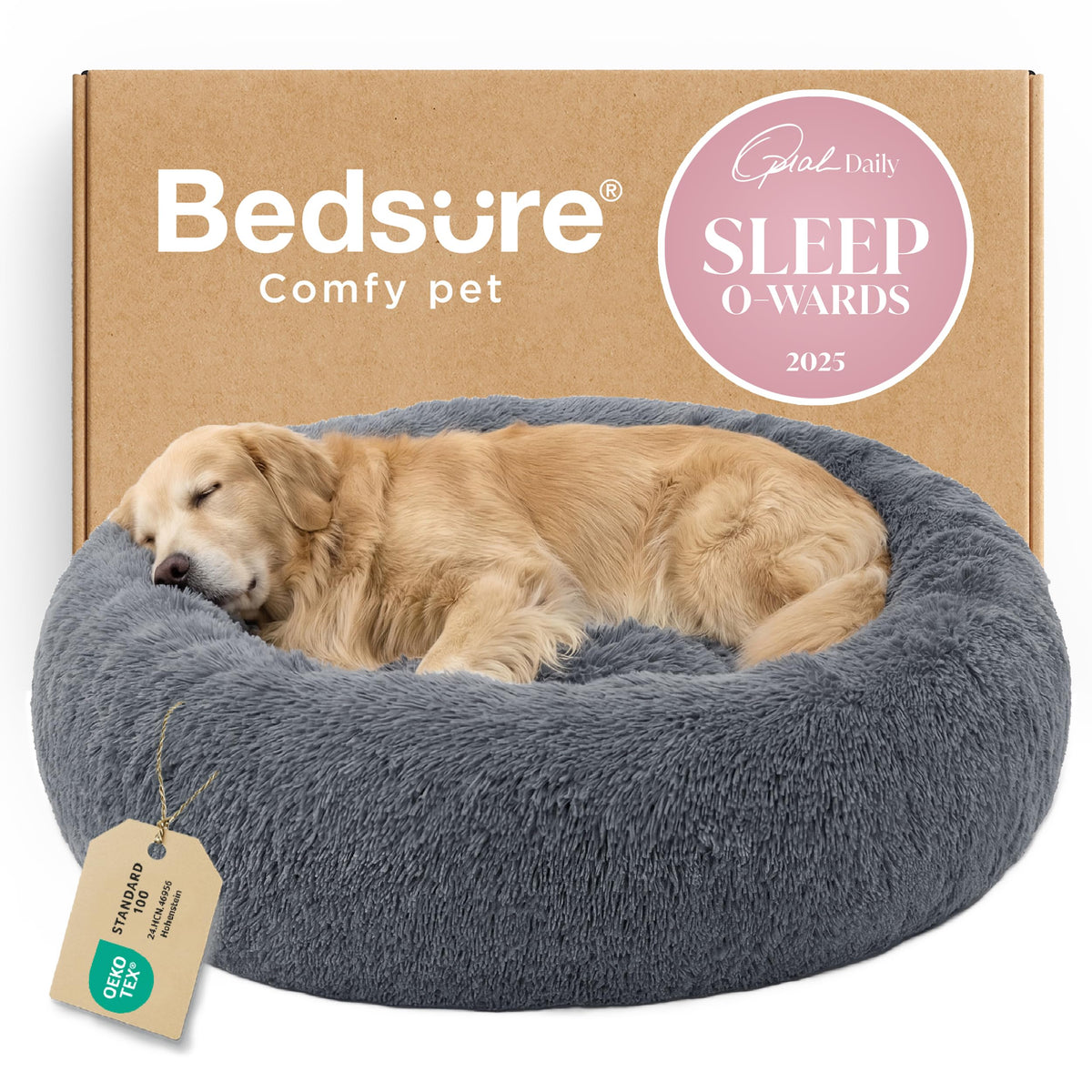 Bedsure Calming Cat Beds Donut Round Washable Kitten Bed,20 inches Camel