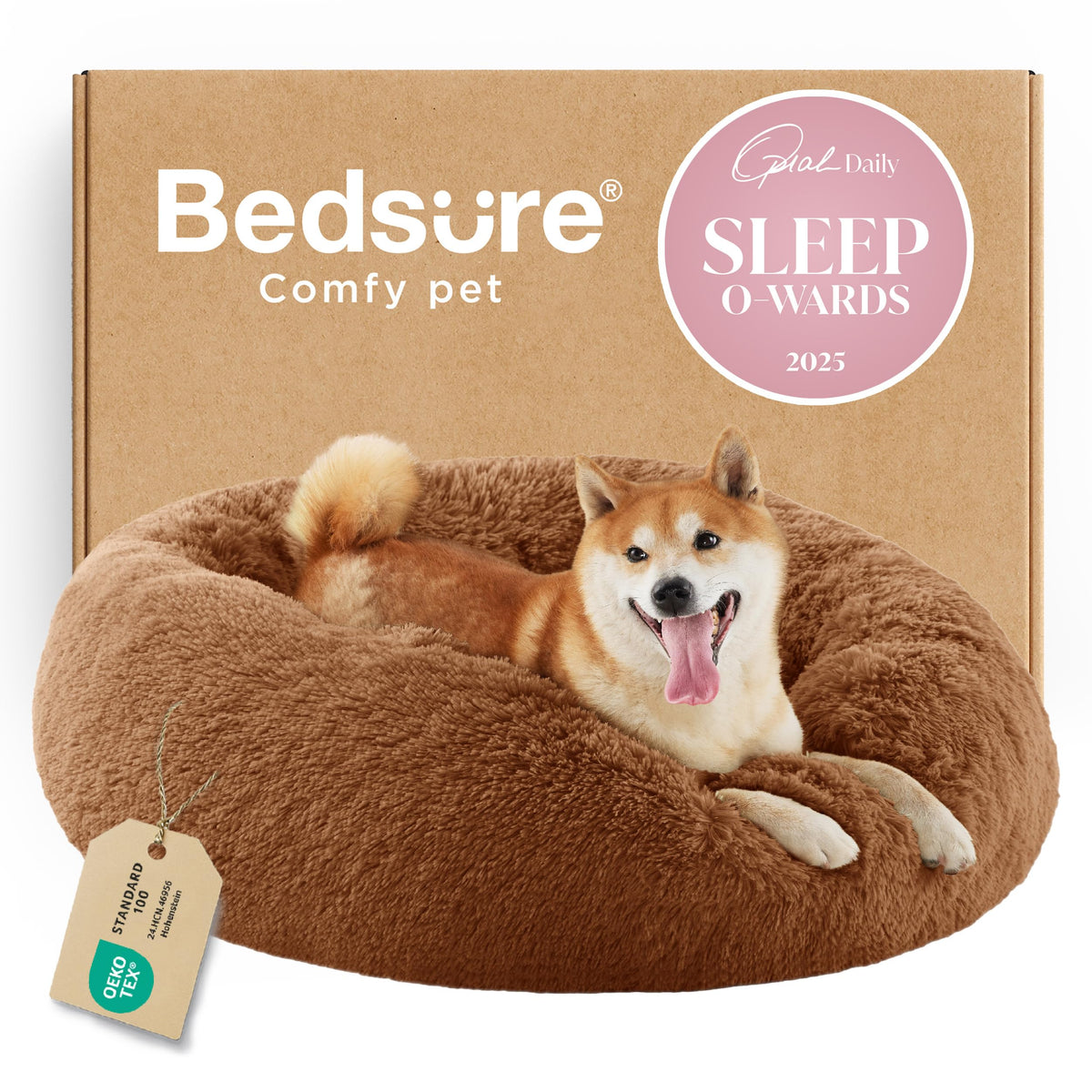Bedsure Calming Small Dog Bed Donut Washable Cat＆Puppy Bed,23 inches Camel