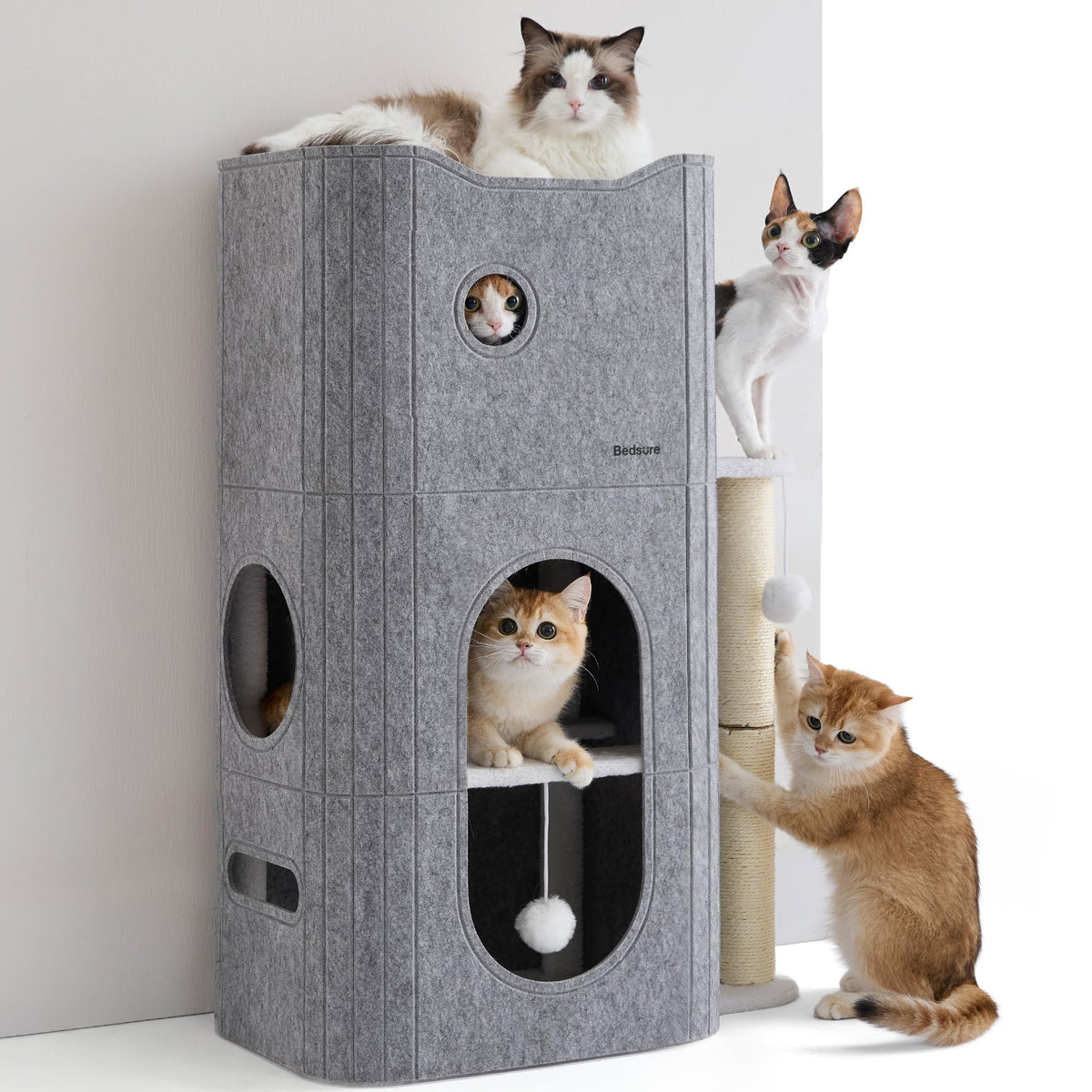 Bedsure Cat House Bed for Indoor Cats with Fluffy Ball and Scratch Pad,Grey